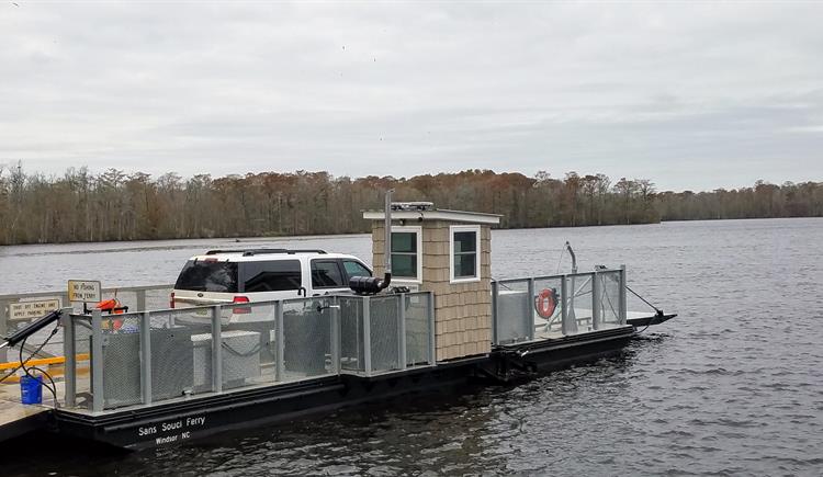 Sans Souci Ferry crossing the Cashie River at sunset